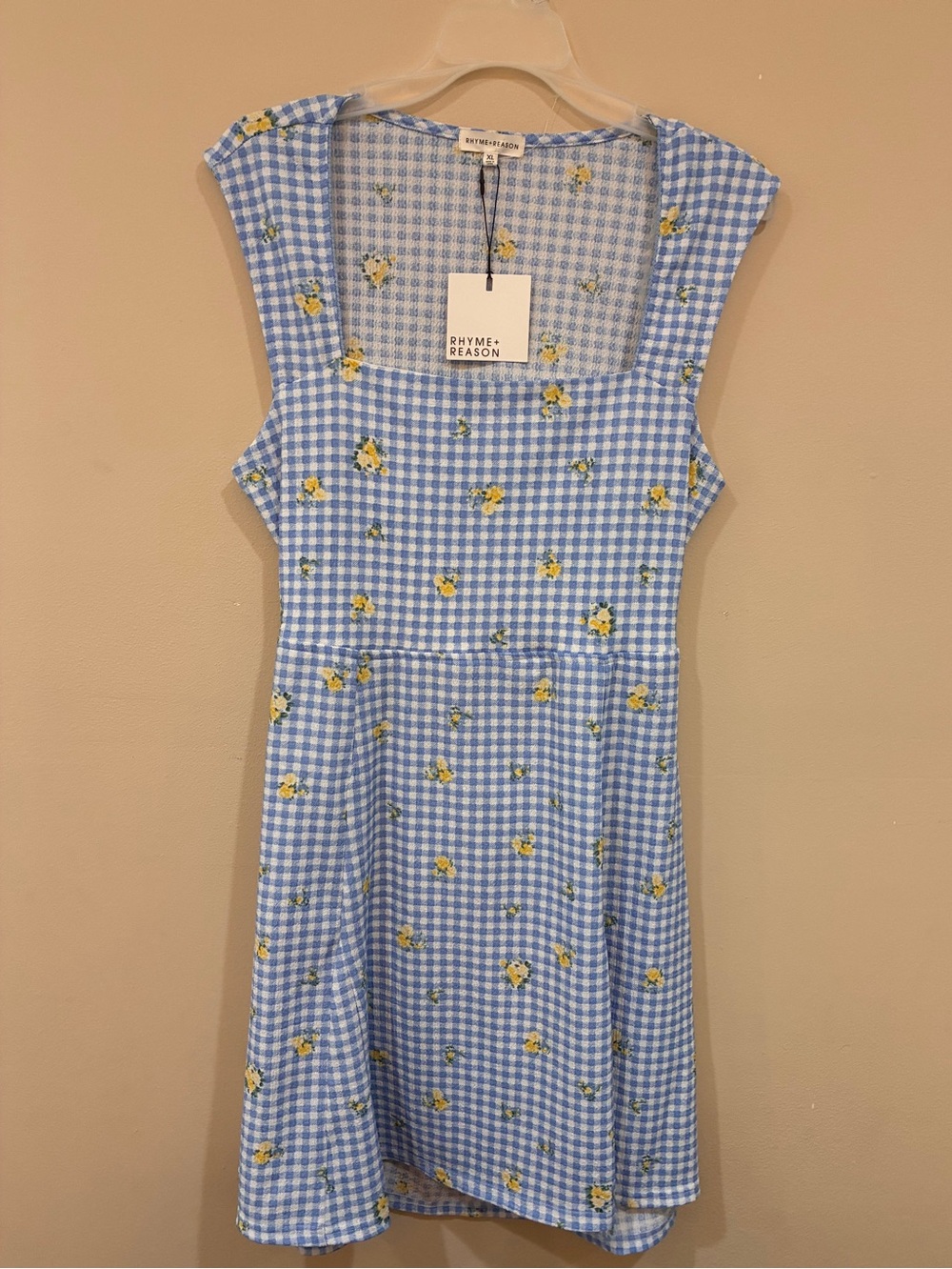 Blue Gingham, yellow Floral Square Neck,‎ open back Dress